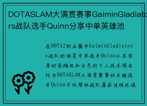 DOTASLAM大满贯赛事GaiminGladiators战队选手Quinn分享中单英雄池