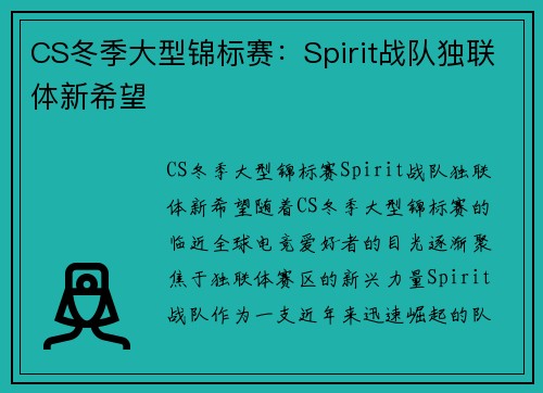 CS冬季大型锦标赛：Spirit战队独联体新希望